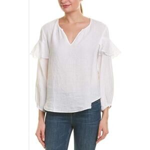 Velvet Womens Linen Tyra Ruffled Long-Sleeve Peasant Boho Top Sz Large White